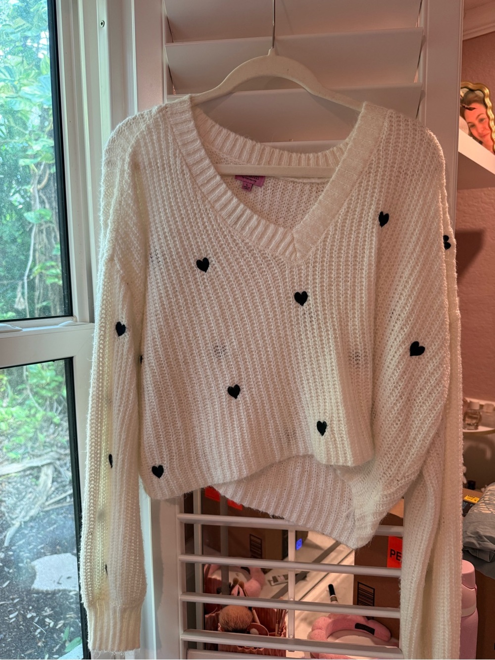 miami Cream V-Neck Sweater with Black Heart Accents